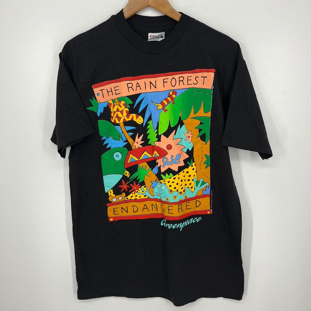 Vintage 1988 Greenpeace The Rain Forest Endangered Hanes Beefy T Shirt Black L